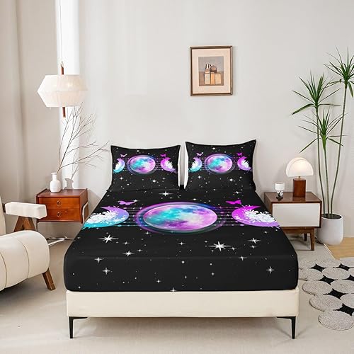 Miniatura 5 de Erosebridal Juego de sábanas y fundas de almohada de luna y estrellas, juego de ropa de cama bohemio con diseño de rosas azules para niñas, juego de