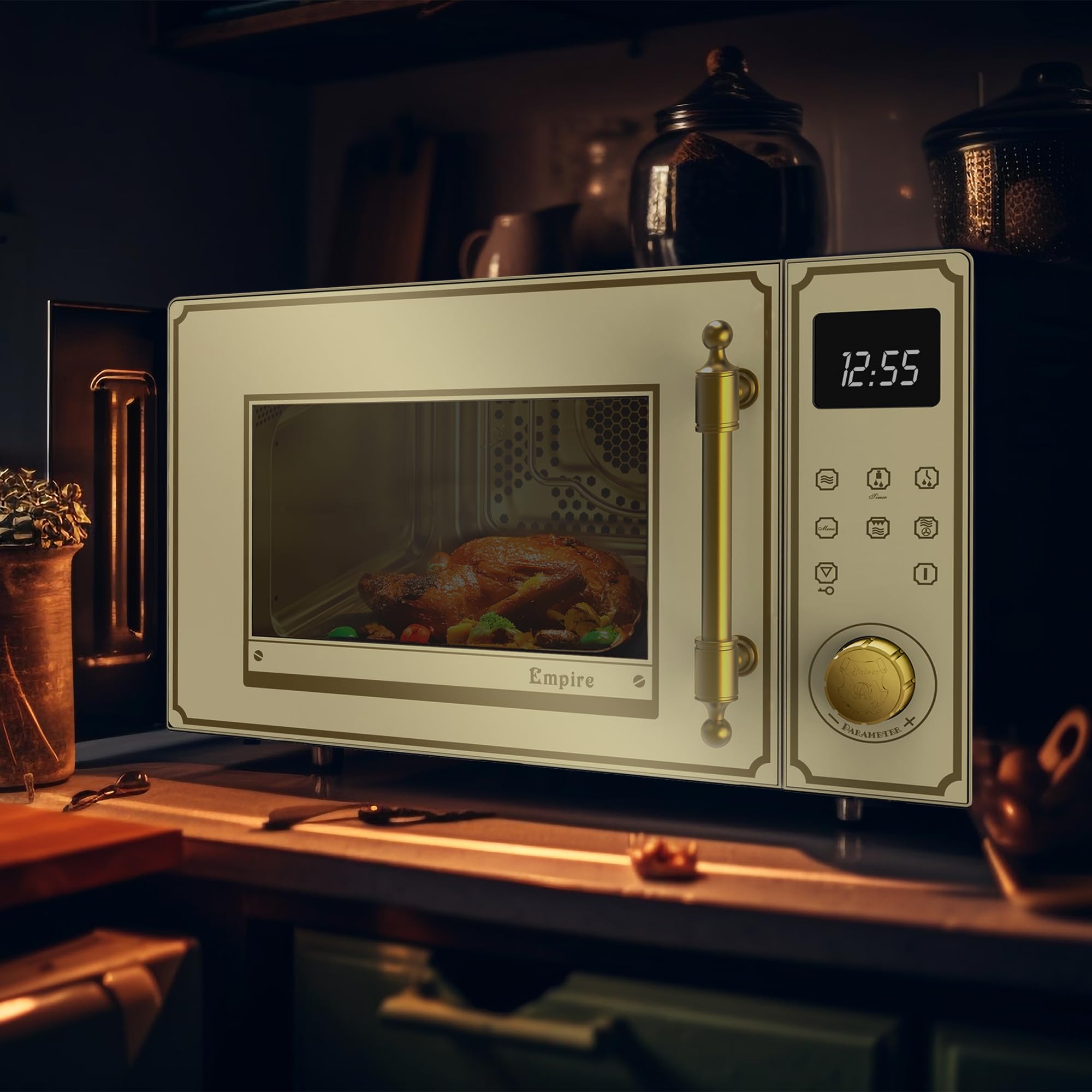 Kaiser Empire très exclusive micro-ondes/capacité 25 l/avec grill et Air Chaud/1000 W/barbecue/ 2300 W Air chaud/Full touchcontrol Contrôle/Poignée de porte en métal bronze/21 fonctions/
