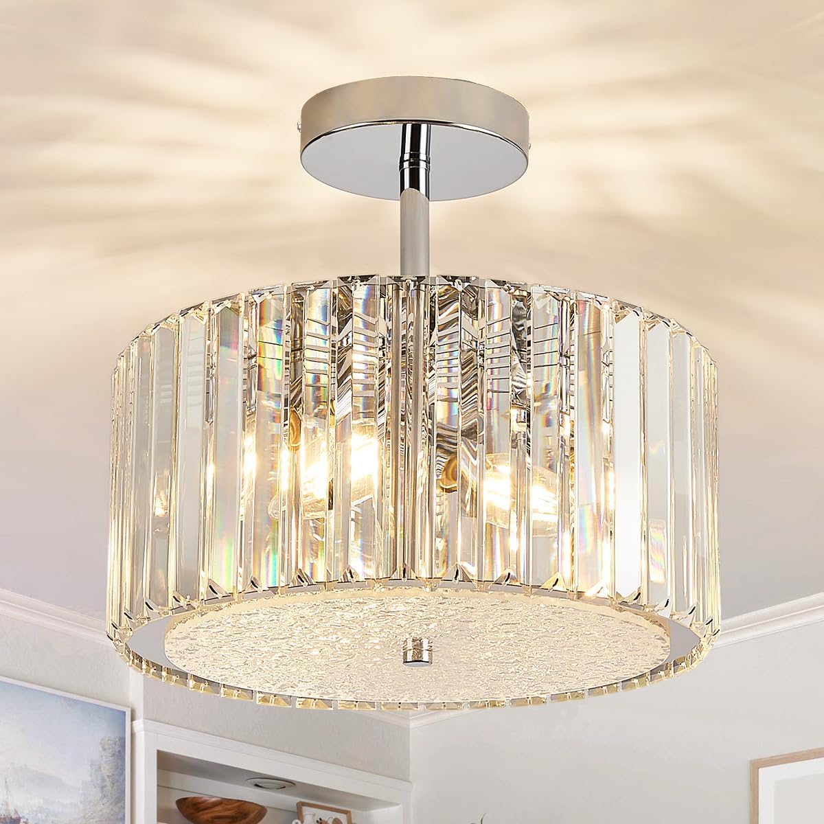 Modern Crystal Chandelier, 12" Small Semi Flush Mount Ceiling Light Fixture 3-Light, Chrome Chandelier with Crystals & Wavy Acrylic Base Hallway Lighting Fixtures for Bedroom Entryway Kitchen Closet