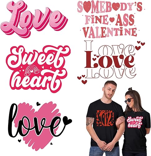 6 piezas de transferencia de San Valentín para camisetas para planchar para el día de San Valentín, parches adhesivos para planchar con bonito