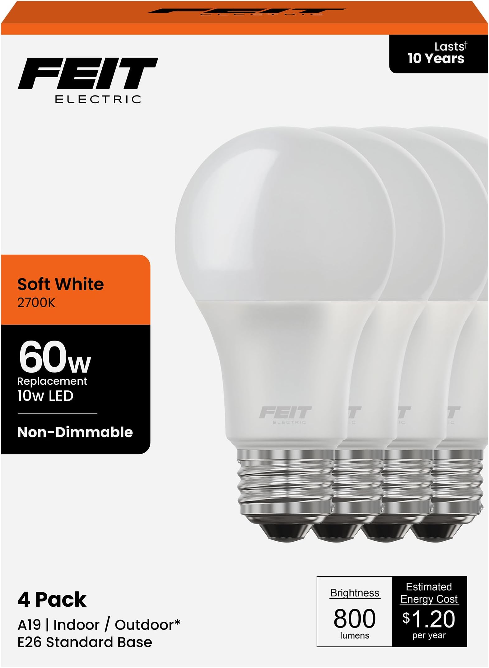 A19 LED Light Bulbs, 60W Equivalent, Non-Dimmable, 800 Lumens, E26 Standard Base, 2700k Soft White, 80 CRI, 10 Year Lifetime, Energy Efficient, 4 Pack, A800/827/10KLED/4
