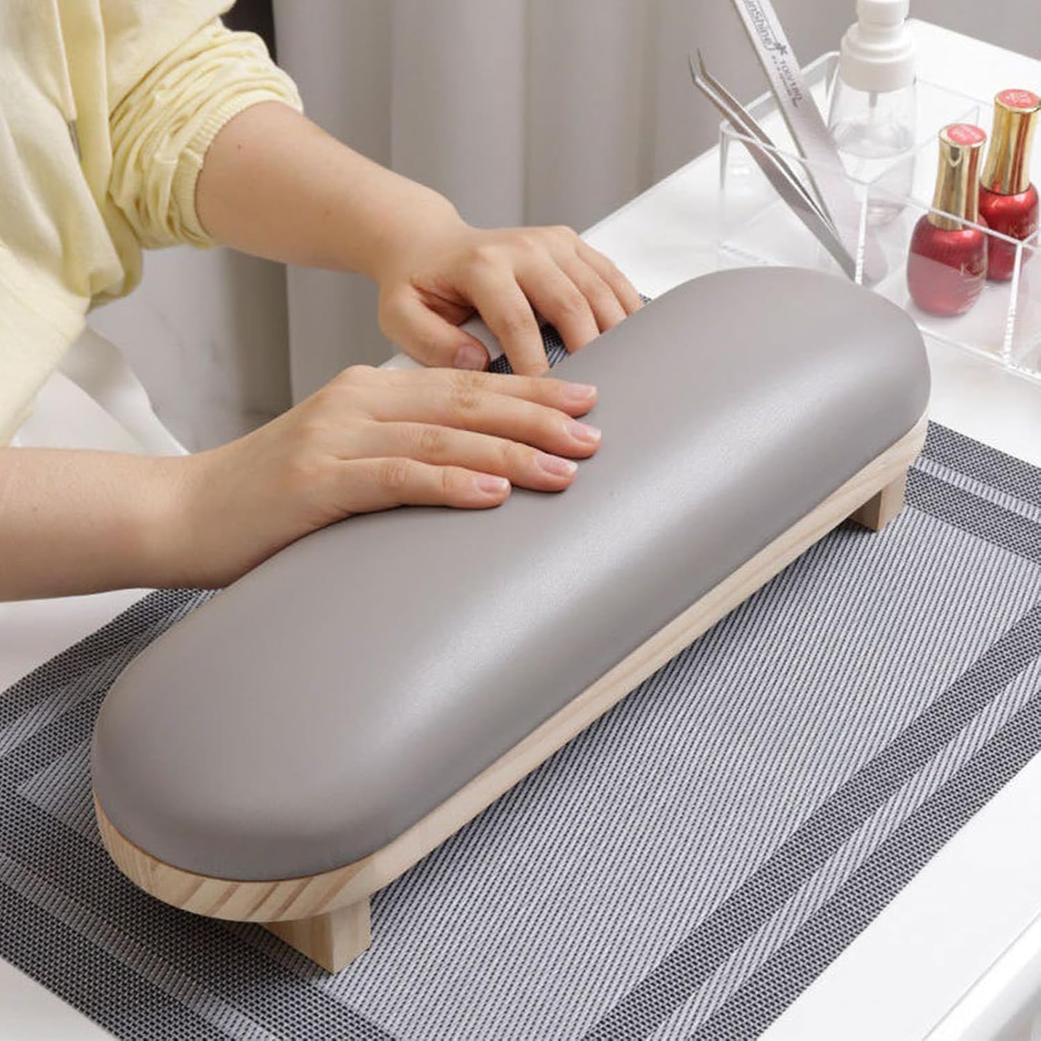 Kulis Professional Nail Arm Rest Cushion Wooden Base Soft PU Leather Pad Ergonomic Hand Support for Manicure Salon and Home Gray Comfortable Durable Nail Too 3