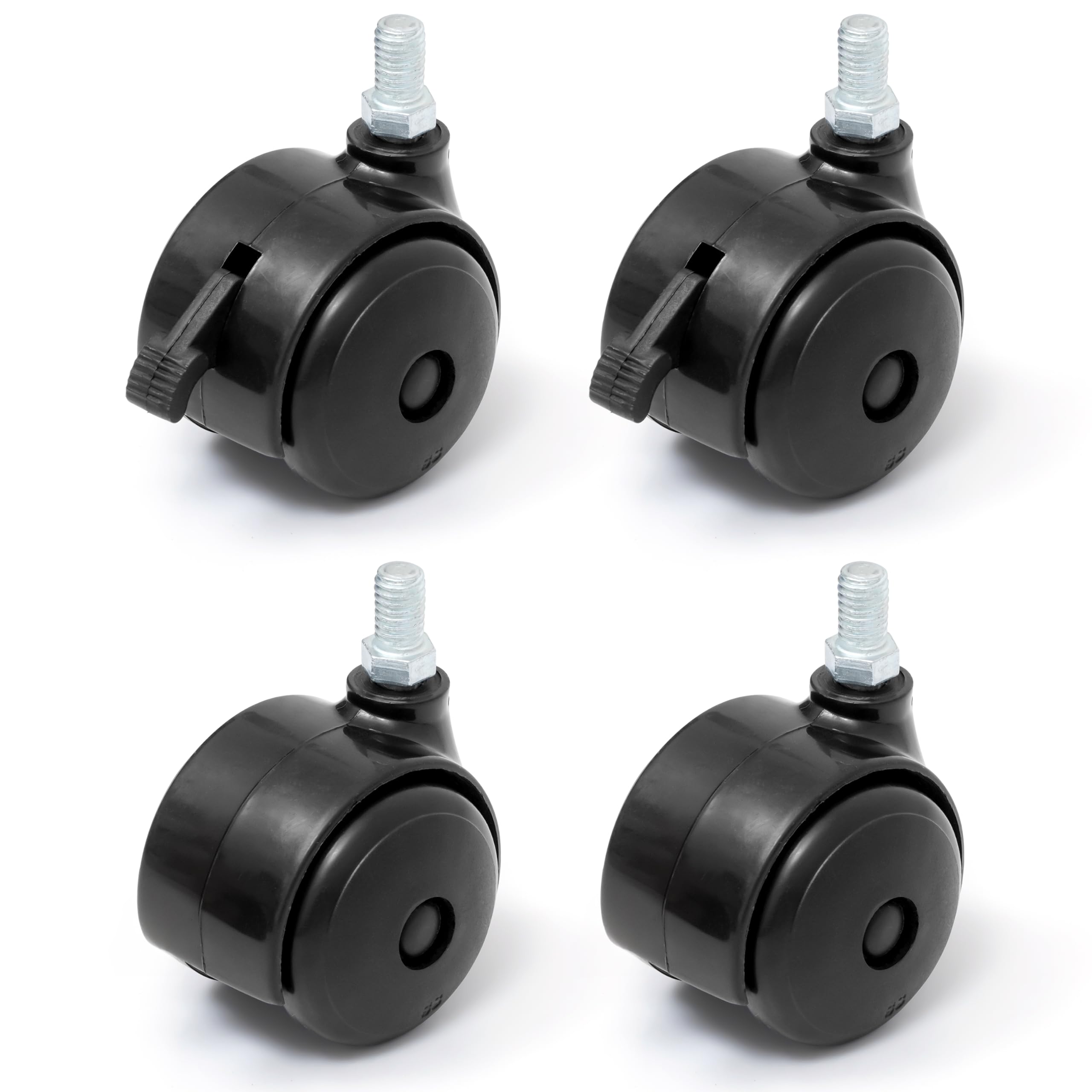 Livzing Plastic 2 Lockable Wheels & 2 Non-Lockable Wheels-360° Rotating/Rolling/Cart Wheels- 3/8 inch (9.5mm) Threaded Wheel for Caster Shopping Trolley-Stand-Rack-Office Lockable Casters-(Pack of 4)