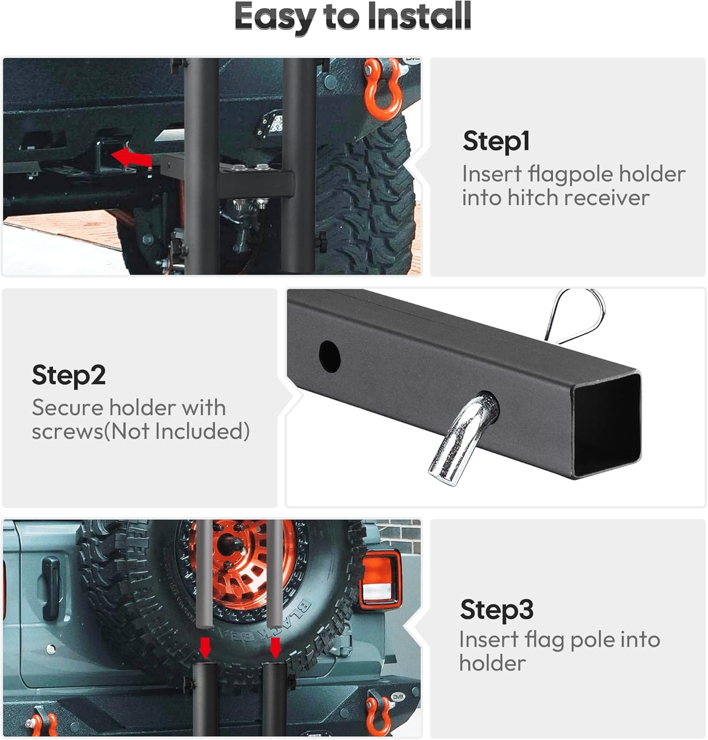 Single Hitch Mount Flagpole Holder for 2" Standard Hitch Receivers Flag Travel Adjustable Thumbscrew Holds Pole (Hitch Mount Dual Flag Pole Holder)