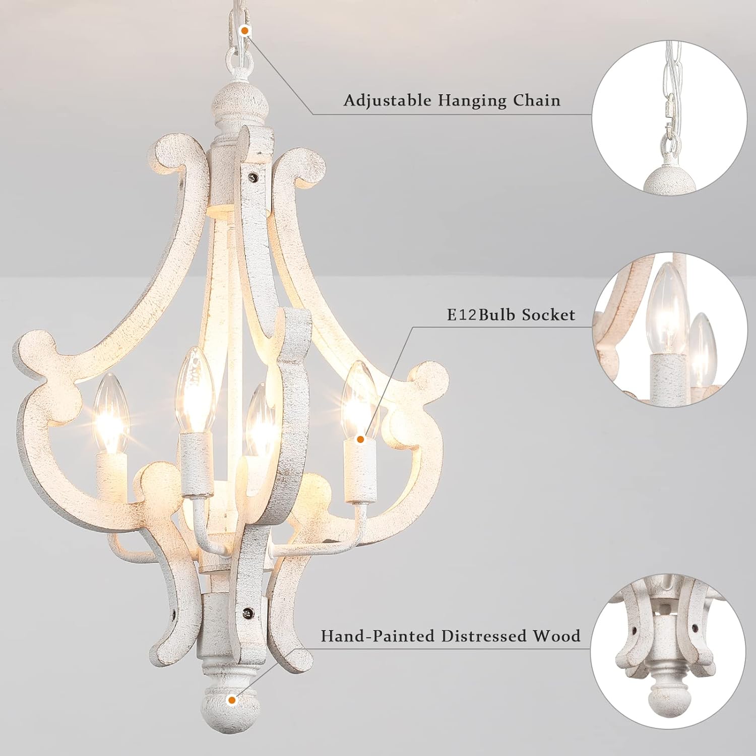 Wooden Farmhouse Chandelier 4 Lights Rustic Antique White Chandeliers for Dining Room French Country Chandelier Orb Pendant light Fixtures Hanging for Kitchen Living Room Foyer Bedroom Entryway