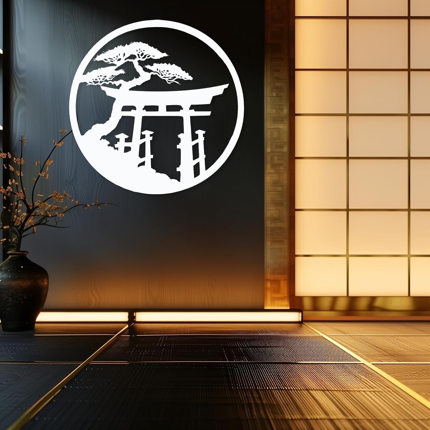Metal Japanese Wall Art Torii Gate Wall Decor Japanese Torii Gate Decor Cherry Blossom Art Asian Shinto Landscape Decorations for Home Living Room Outdoor (White, 35.4x35.4 inch/90x90 cm, Metal)