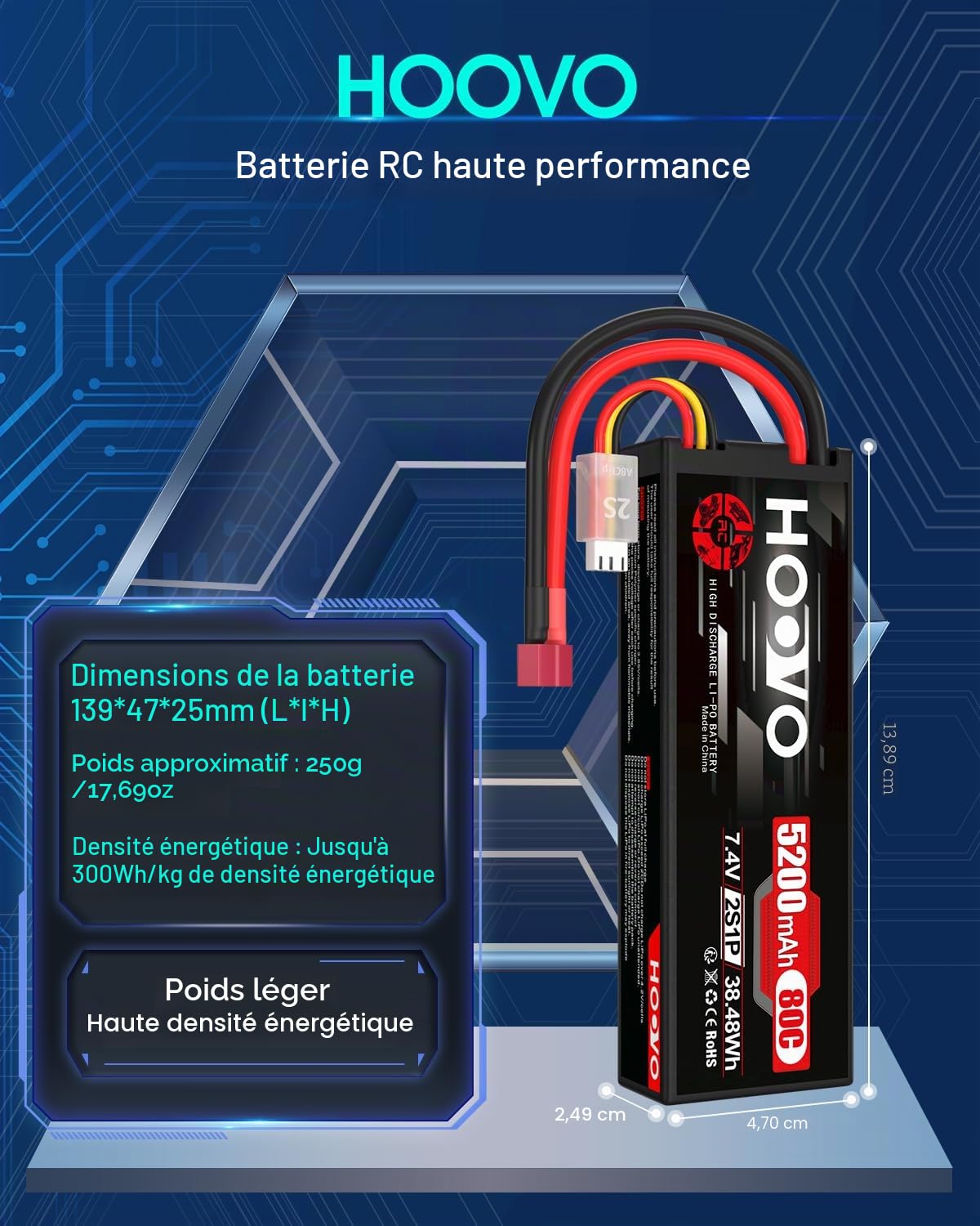 Lot de 2 batteries LiPo 2S - 7,4 V - 5200 mAh - 80 C - Boîtier rigide avec fiche en T - Pour voiture, camion, hélicoptère, avion, roche, avion, avion, avion, avion, hélicoptère, voiture, camion