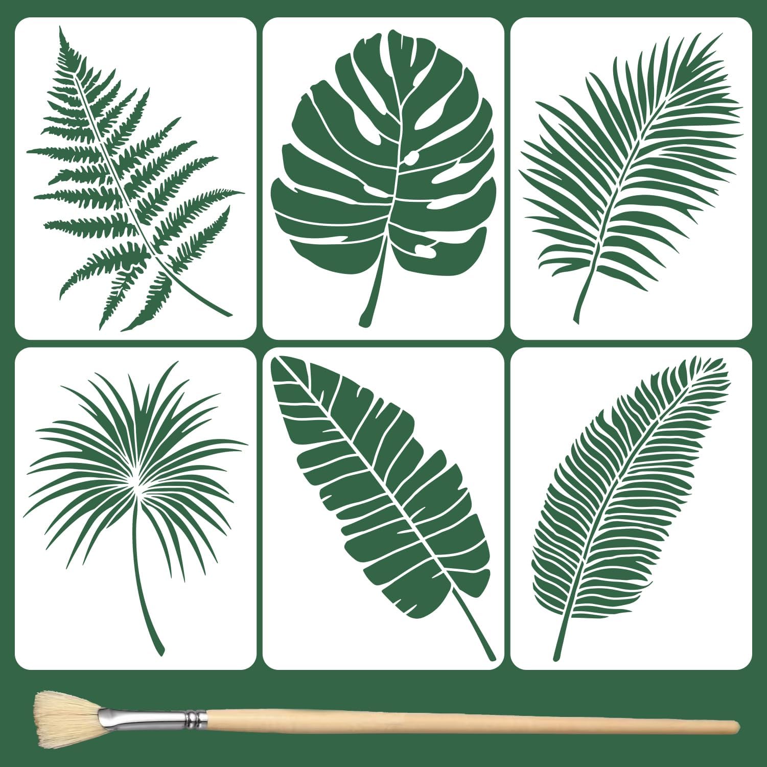 6PCS Large Leaf Stencils for Painting on Walls 16 x 12 Inch Plant Stencil with Brushes Palm Leaf Wall Stencil Tropical Leaves Stencils Plastic Drawing Templates for Wall Furniture Fabric