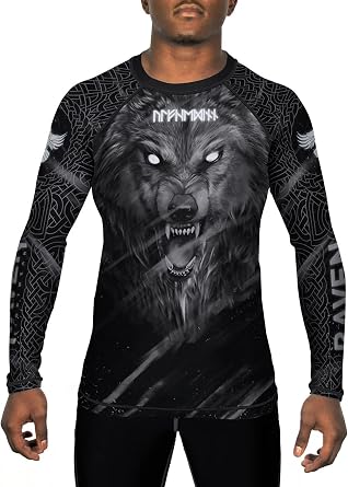 Raven Fightwear Mens Nordic Wolf Warrior Ulfhedinn 2.0 BJJ Rash Guard Long Sleeve MMA Black Edition