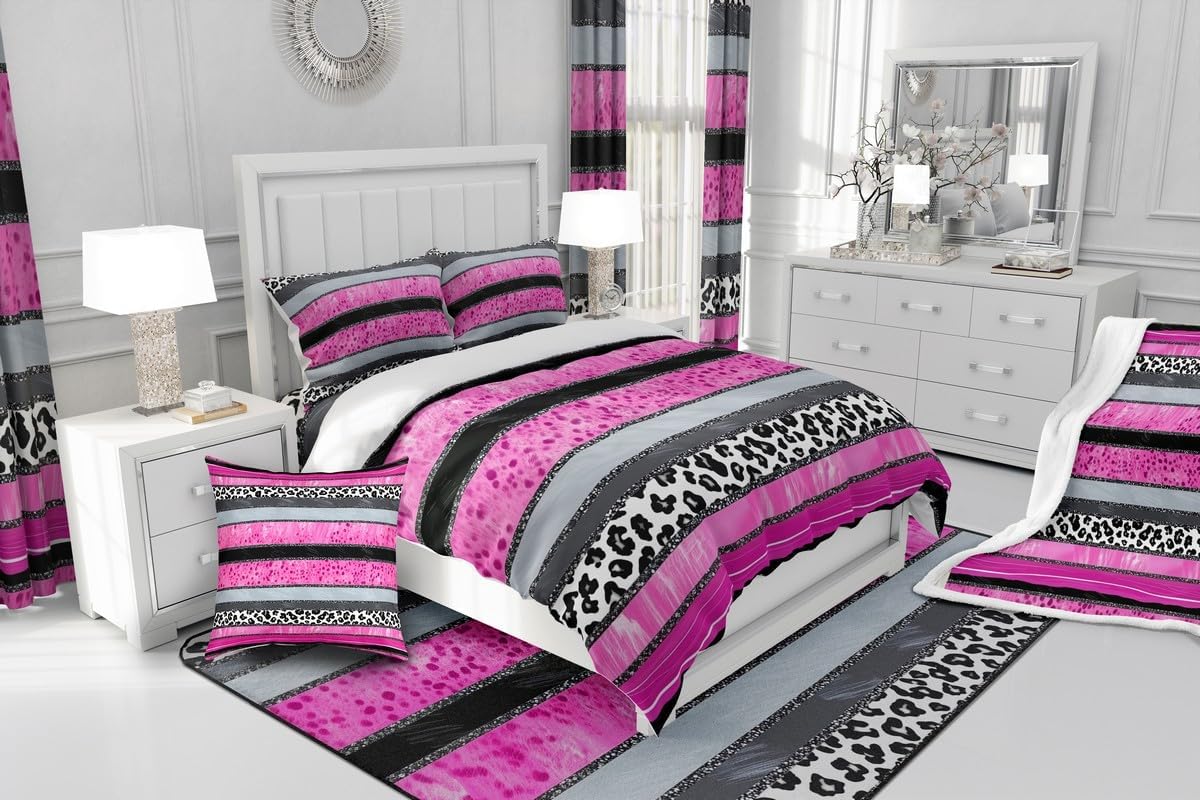 Castle Fairy Leopard Print Stripes Duvet Cover Toddler Size,Geometric Lines Bedding Set 2 Pcs for Boys Girls,Pink Black White Comforter Cover(No Filler),Kids Quilt Cover