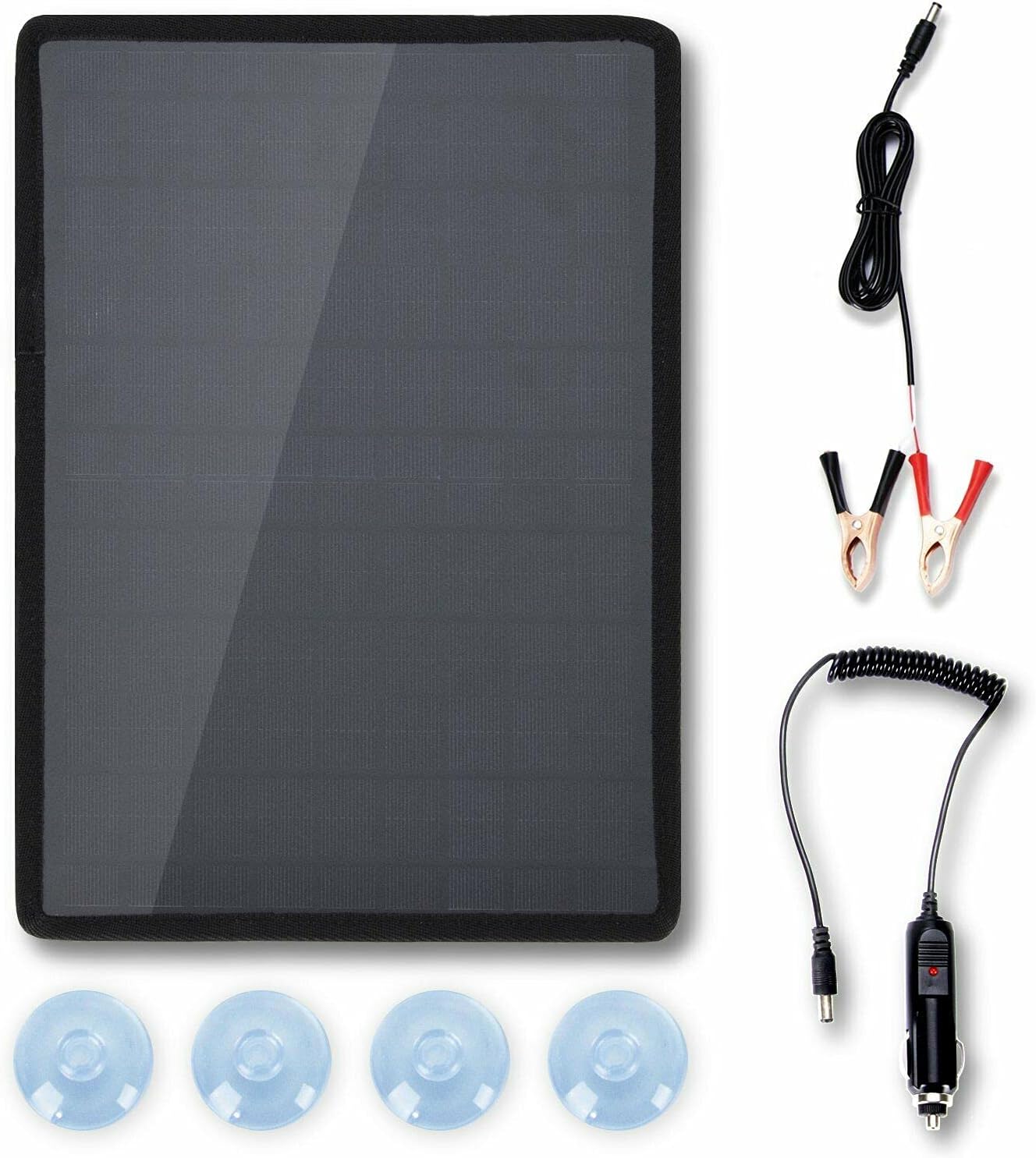 18V 10W Portable Solar Panel Battery Charger with Cigarette Lighter Plug and Battery charging clip line, for Mobilephone Automobile Motorcycle Outdoor Camping Hiking Fishing Climbing