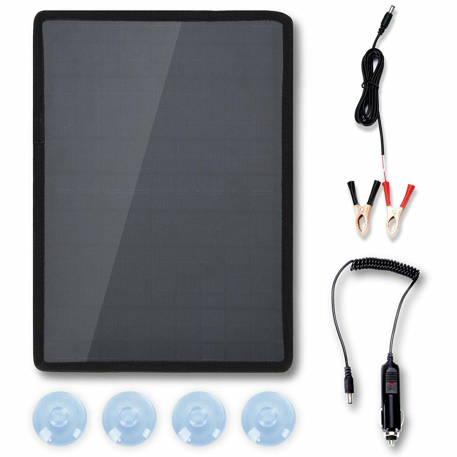 18V 10W Portable Solar Panel Battery Charger with Cigarette Lighter Plug and Battery charging clip line, for Mobilephone Automobile Motorcycle Outdoor Camping Hiking Fishing Climbing