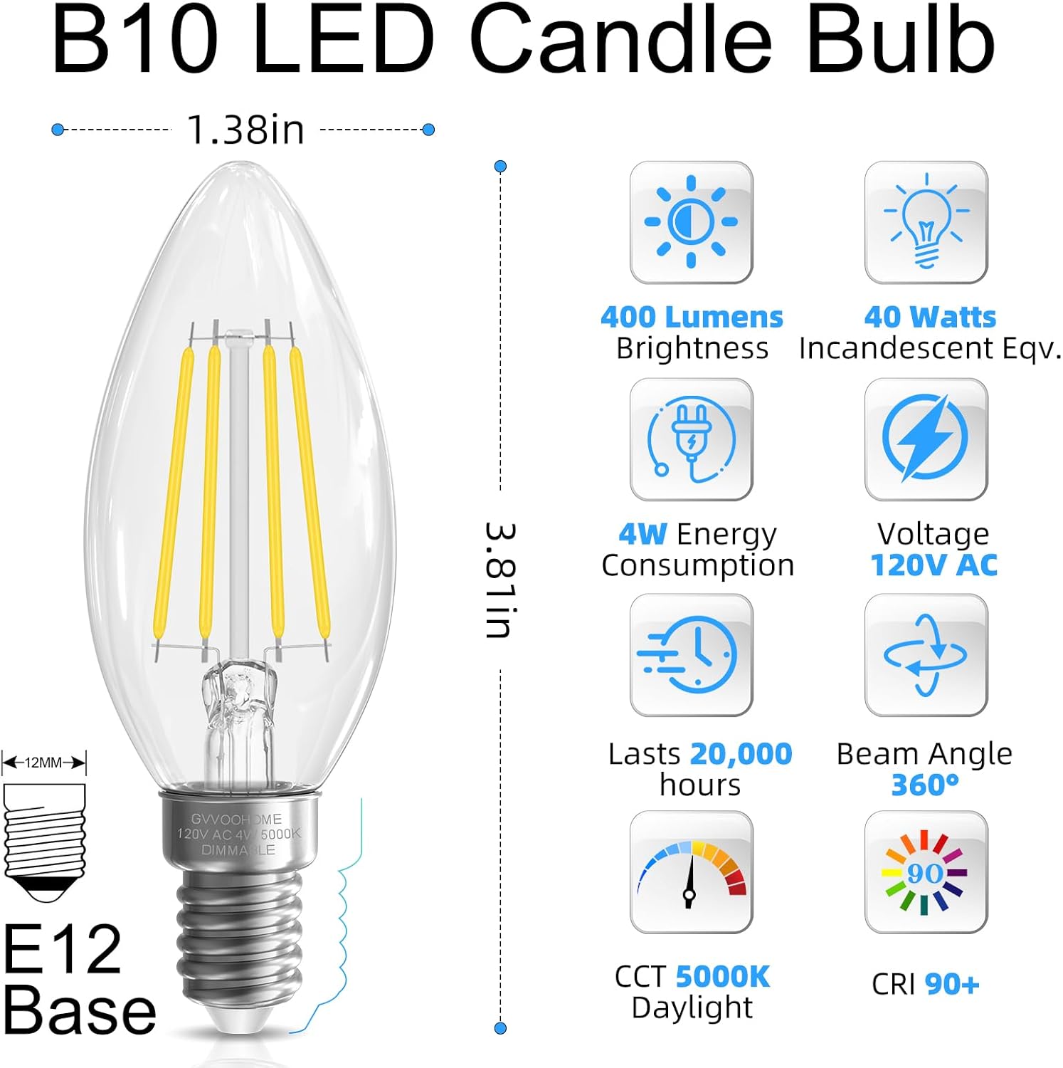 Candelabra Light Bulbs 40 watt Equivalent, Chandelier Light Bulbs Dimmable E12 LED Bulb, B10 Candle Light Bulb 5000K Daylight, 90+CRI, 400LM, Clear Glass, 24 Pack