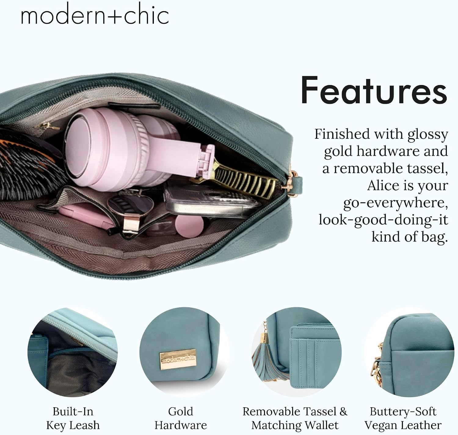 Modern+Chic Alice Crossbody Bags for Women, Small Vegan Leather Crossbody Purse, Adjustable Strap, Matching Free Wallet