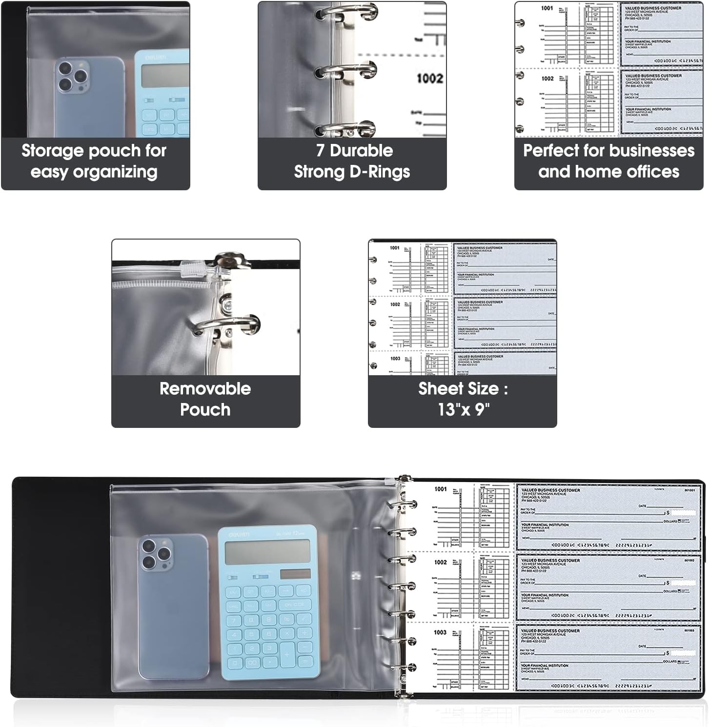 7 Ring Executive Business Check Binder 600 Checks Capcity for 9" x 13" Sheets, PU Leather Checkbook Holder with Zip Pouch