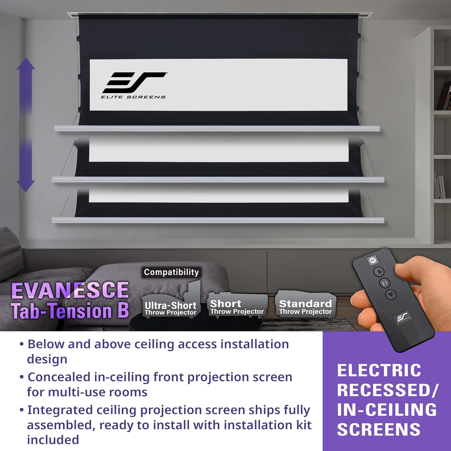 Projector screen recessed in ceiling, showing installation access