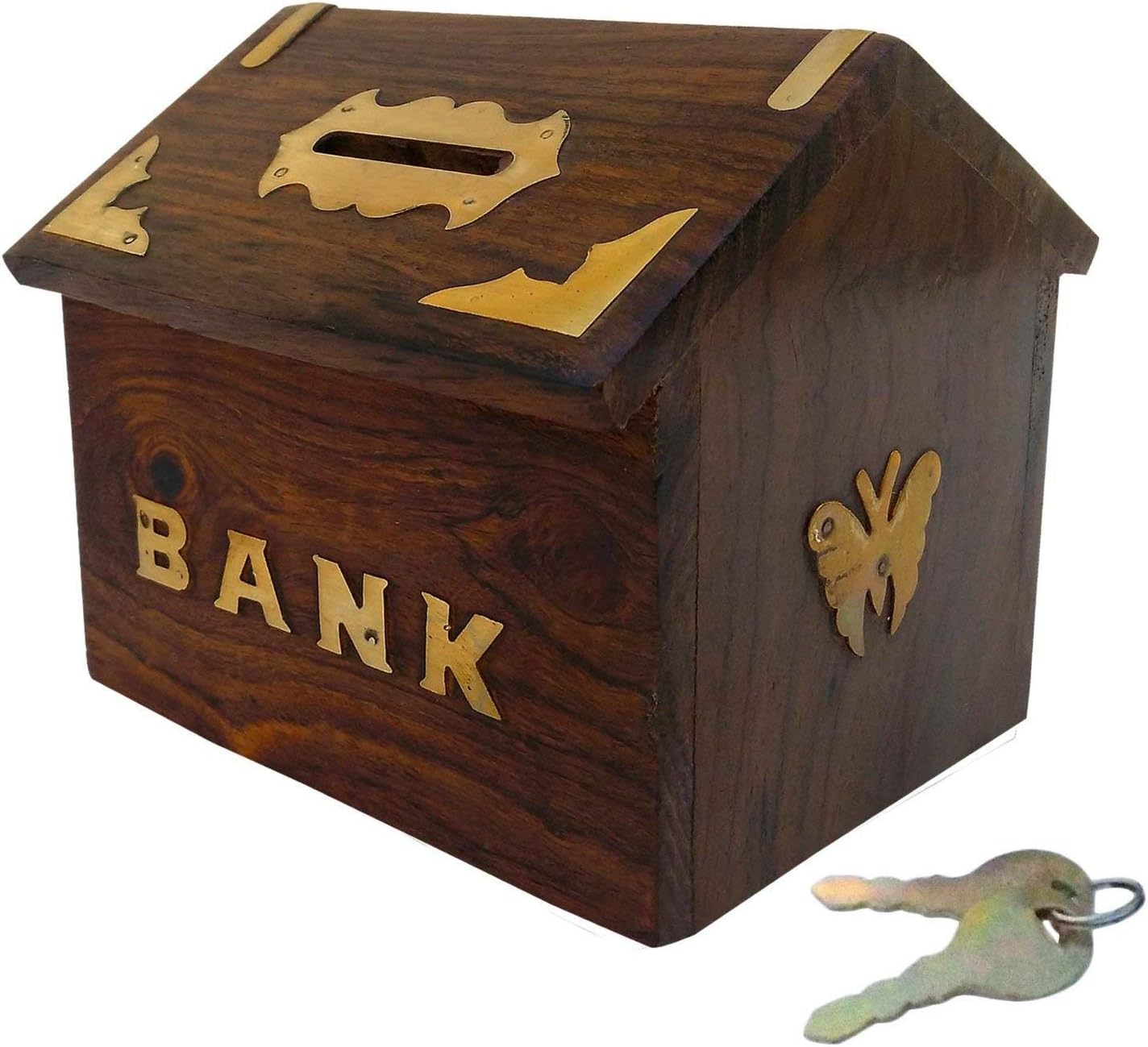 Handcrafted Wooden Money Bank - Large Size Master Piggy Bank (10 x 10 CM) | Antique Brown Coin Saving Box | Lock Storage for Kids, Boys, Girls & Adults | Home Décoration