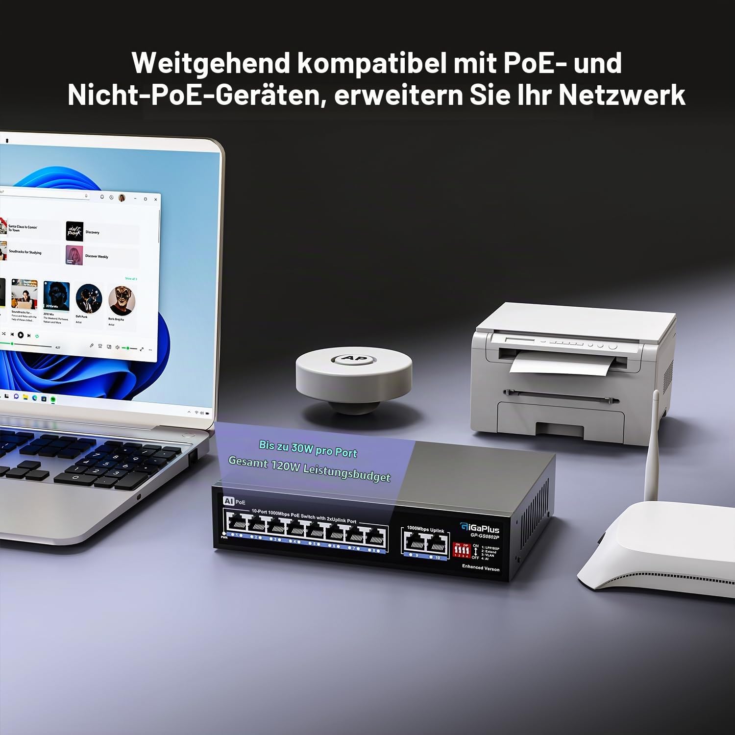 10 Port Gigabit PoE Switch with 8 Port PoE+ 1000Mbps, 2x1000Mbps Uplink, GiGaPlus 10 Port IEEE802.3af/at PoE @72W, Support VLAN, AI watchdog, Metal Housing, Desktop or Wall-Mount, Plug & Play