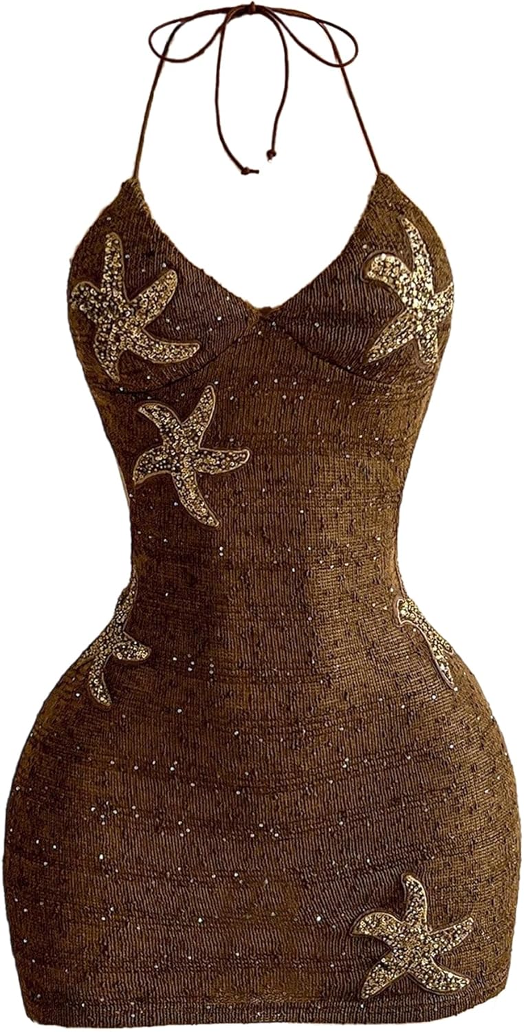 WDIRARA Women's Glitter Sequin Starfish Halter Dress Boho Tie Backless Crochet Bodycon Mini Dresses