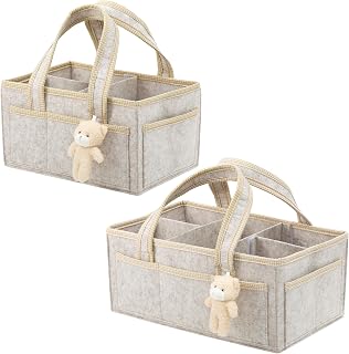 Baby Diaper Caddy Organizer Large Capacity Felt Nursery Storage Bin with Handle Portable Baby Wipes Caddy Basket for Newborn Diaper Wipe(khaki-2-Large+trumpet)