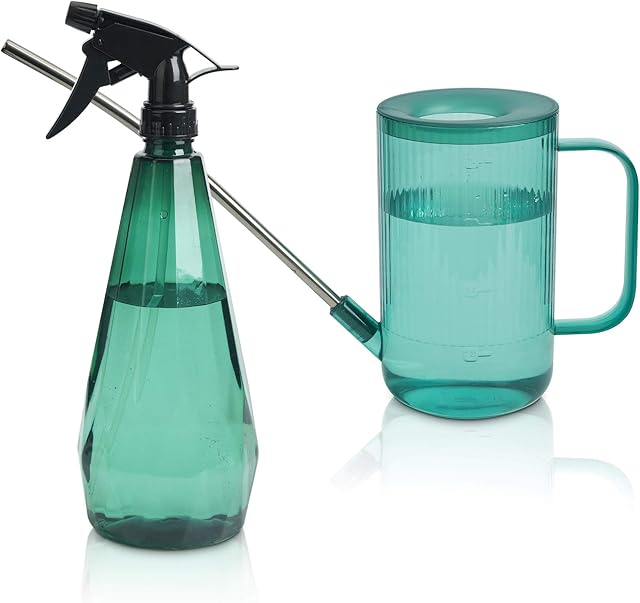 T4U 1L Watering Can Long Spout Plastic, Stainless Steel Spout Water Can with Fine Mist Spray Bottle, Modern Water Sprayer Bottle with Handle for Gardening and Cleaning (Green)- Pack of 2