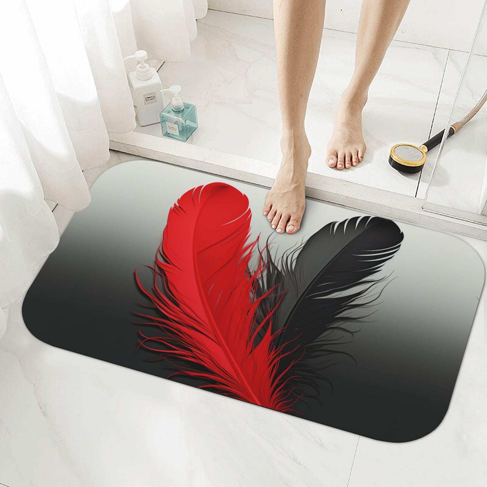 Tapis de douche en diatomite plumes rouges pour sortie de bain