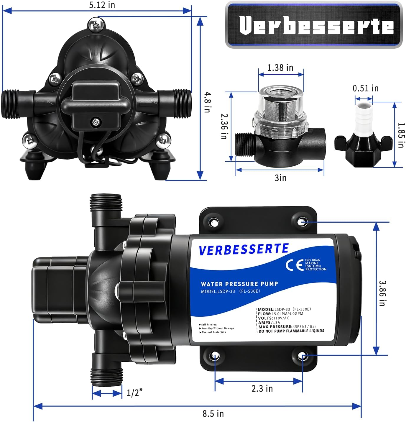 110Volt AC Water Pressure Diaphragm Pump for Rv,4.0GPM 45PSI Garden Hose Pool On demand Water Pump Quiet for Boat,In line Water Marine Wash Down Oump with Plug for House Kitchen Yacht Camper Shower