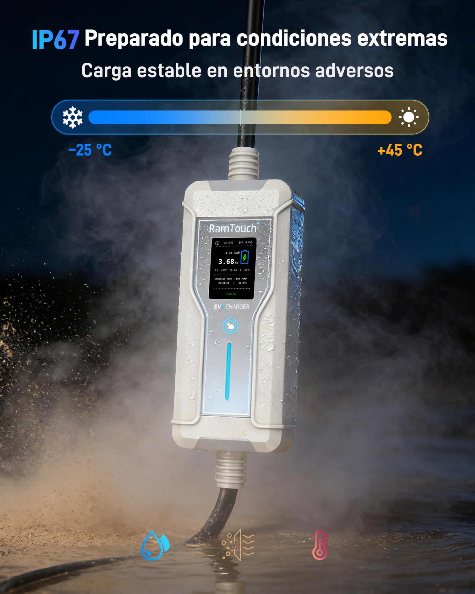 Cargador Coche Eléctrico (3,7 kW, 16 A, 7,5 m, Schuko a Tipo 2) | Monofásico | IP67 | 6–16 A | Timer + inicio diferido | LCD 2,4" | RCD CA/CC | Cable Modo 2 / wallbox móvil | para VE y PHEV
