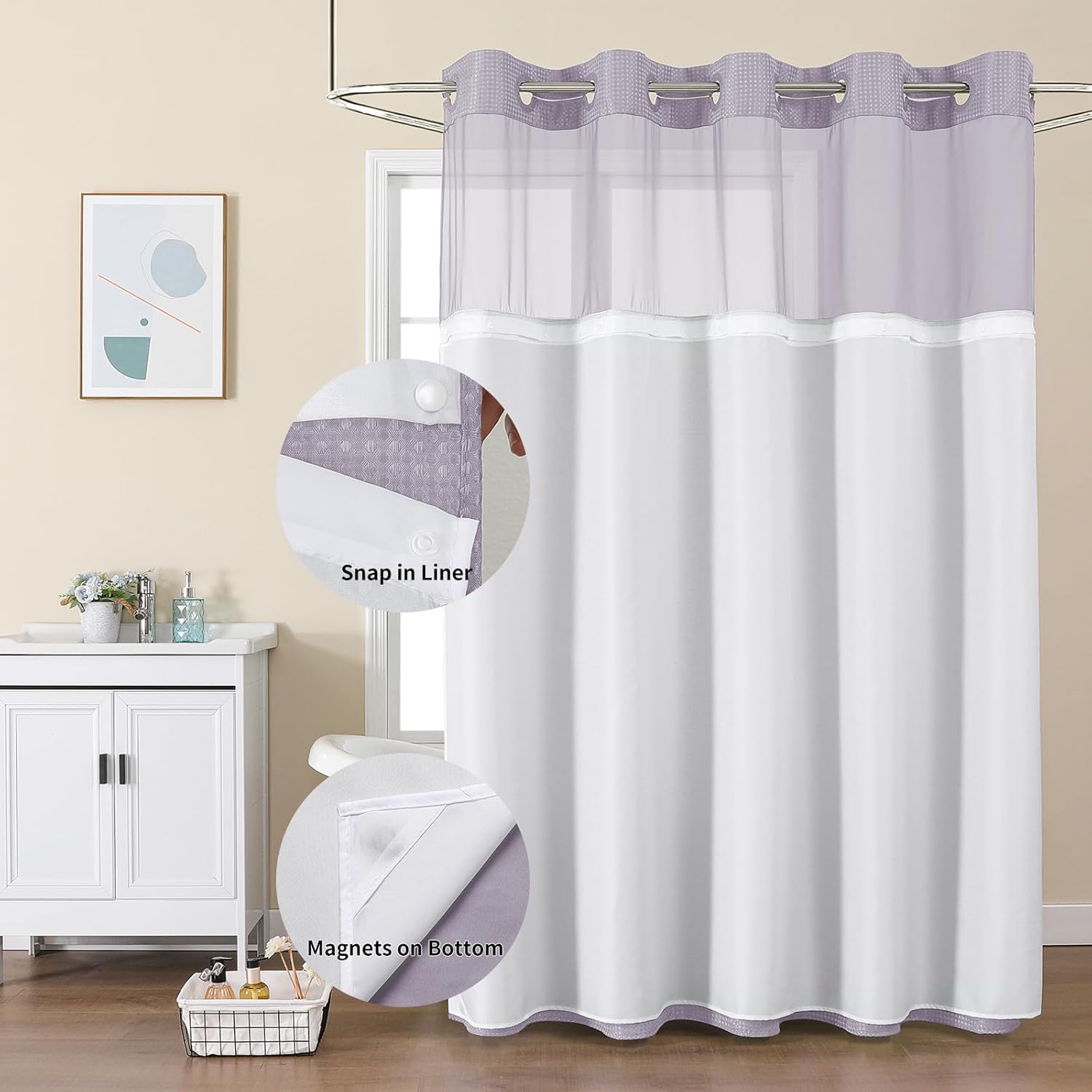 Colorful Star Waffle Weave No Hook Shower Curtain with Snap in Liner (72'' x 75'', Lavender), and 1pc Extra Replacement Fabric Liner (71" x 53", White)