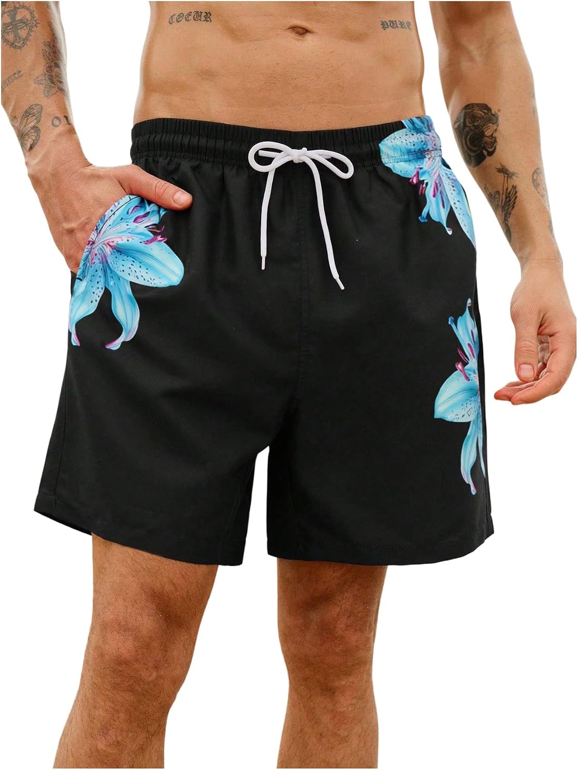 Floerns Men's Floral Swim Trunks Drawstring Elastic Waist Summer Board Shorts with Pockets