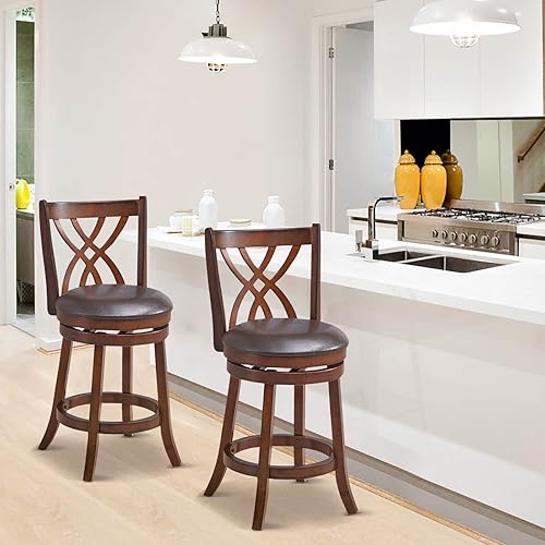 Miniatura 2 de COSTWAY Juego de 2 taburetes de bar sillas giratorias de 360 con marco de madera de goma asiento y reposapiés acolchados de piel sintética de 26