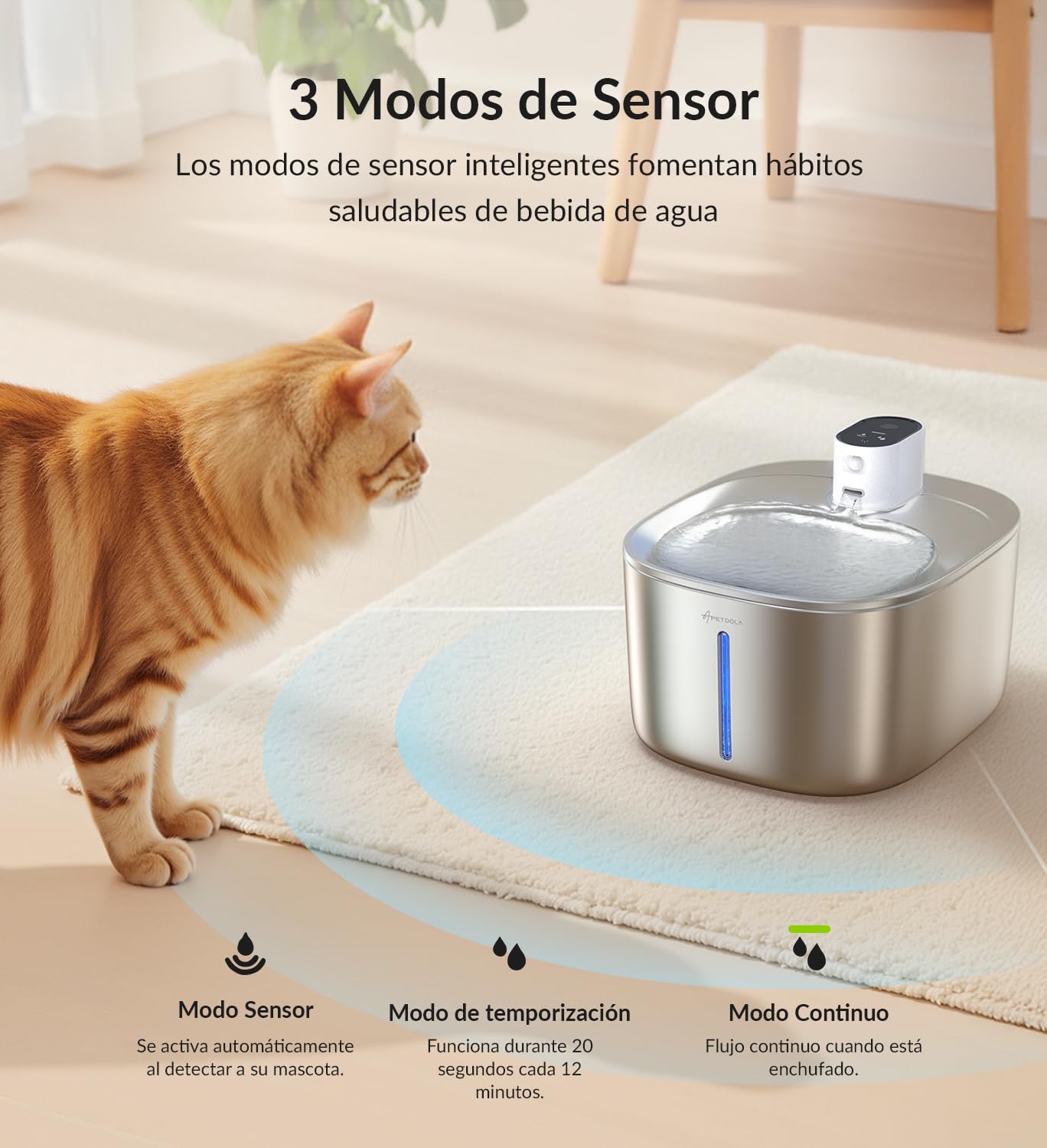 Fuente para mininos Acero Inoxidable, Bebedero mininos, 4L Fuente Agua mininos con Sensor Automático, Bebedero mininos Ultra Silenciosa con Batería de 4000 mAh, FS10pro