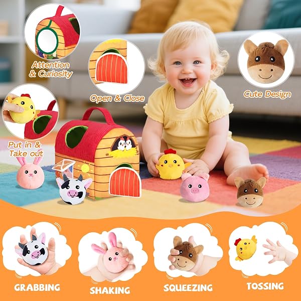 Jouet pour Bébé de 6 à 12 Mois, Jouet Montessori pour Bébé, ouet Sensoriel de Ferme avec Animaux en Peluche Douce et Miroir, Cadeau pour Filles et Garçons de 3 6 9 12 Mois - 2