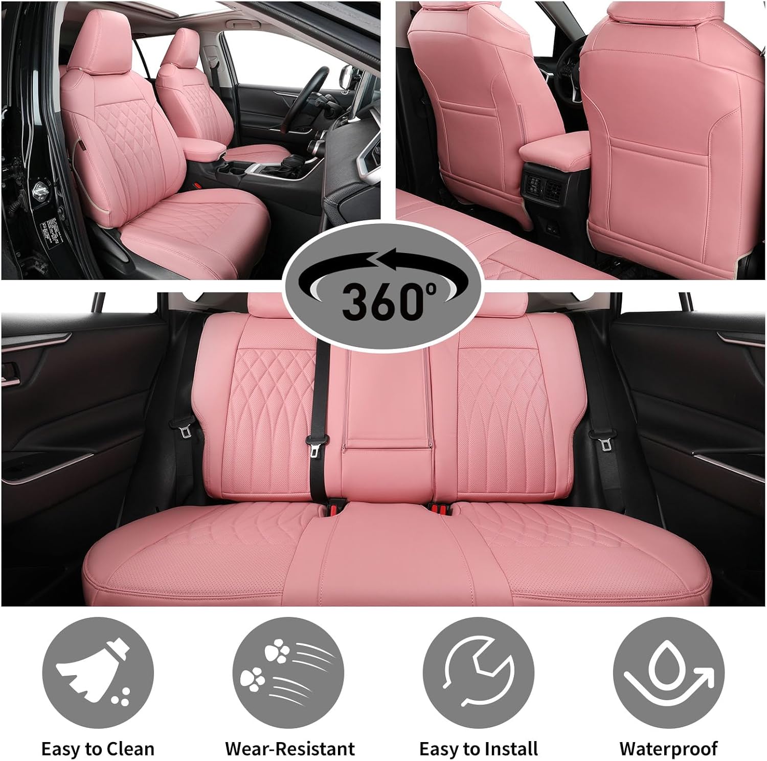 EKR Rav4 Seat Covers Custom Fit for Toyota Rav4 (Only Hybrid) 2019-2025 LE,XLE,XLE Premium,Limited,Woodland Edition, Leather Pink Seat Cover Full Set for Women,Faux Leather(Pink)