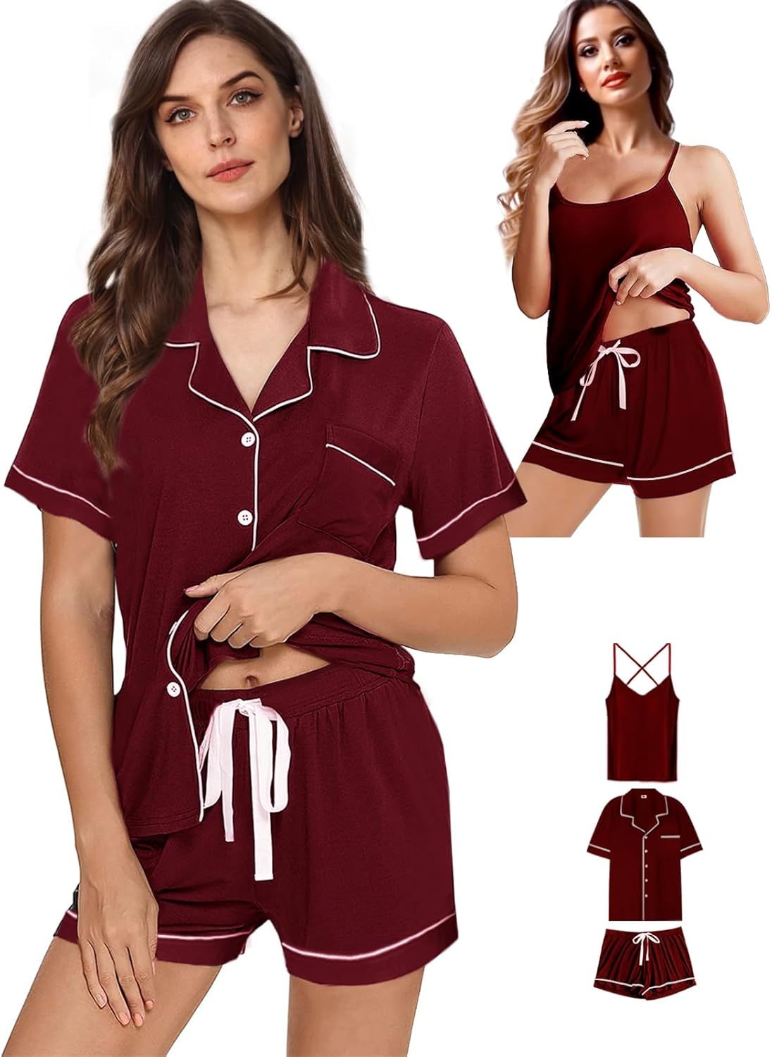 WJing Yi Jia 3Pcs Womens Pajamas Set XS-4XL Soft Pajama Sets Cami Sexy Lingerie Sleepwear Pj Lounge Sets Pjs Set Loungewear