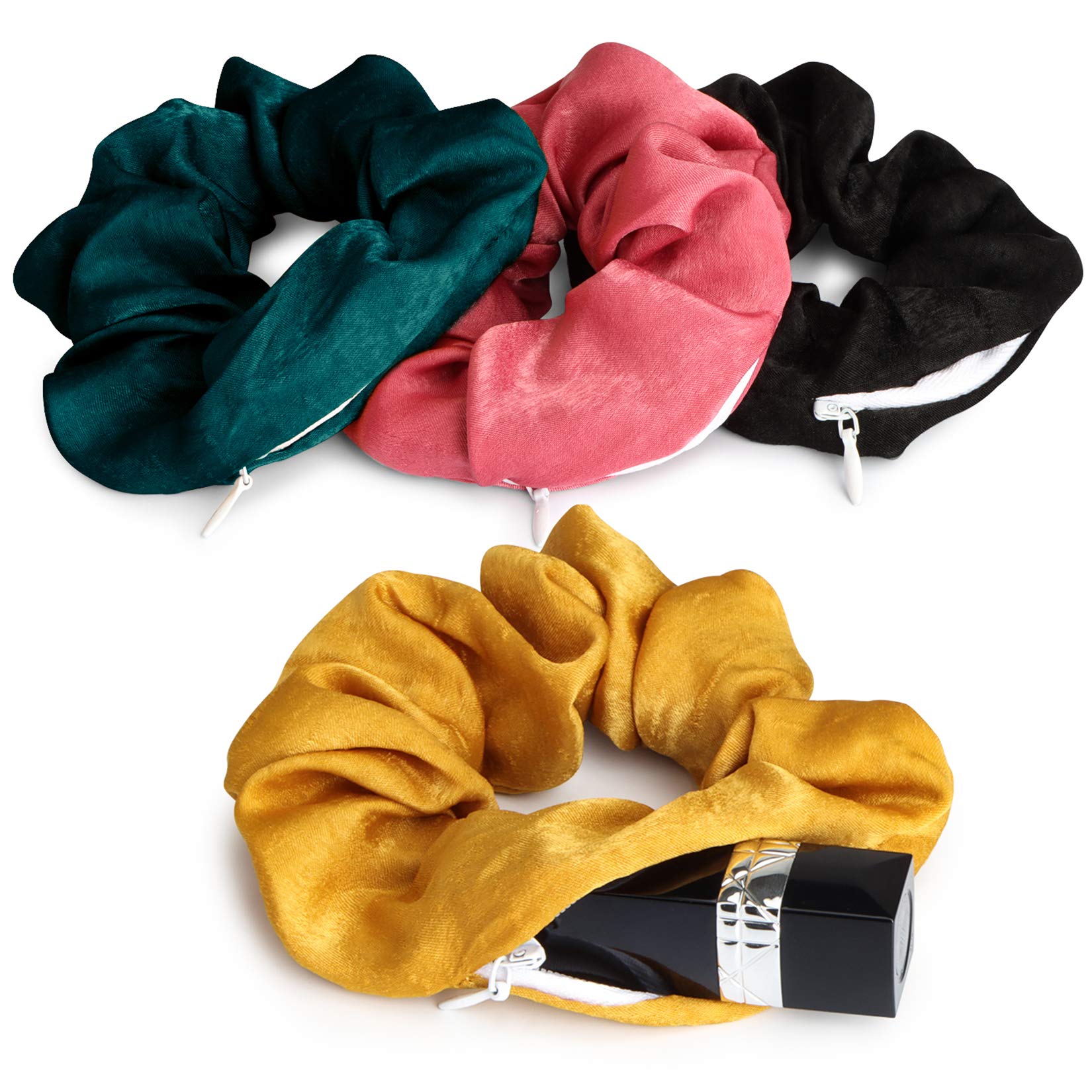 4 Pcs Velvet Scrunchies - Premium Secret Scrunchie with Zipper Stash Pocket Storage Hide Money, Keys, Earphone, Small Items, Elastic Hair Bands for Women and Girls