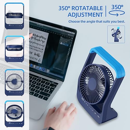 Vista 3 de Ventilador con batería recargable, ventilador de escritorio personal de 20000 mAh, ventilador de mesa USB portátil, ventilador de escritorio Azul