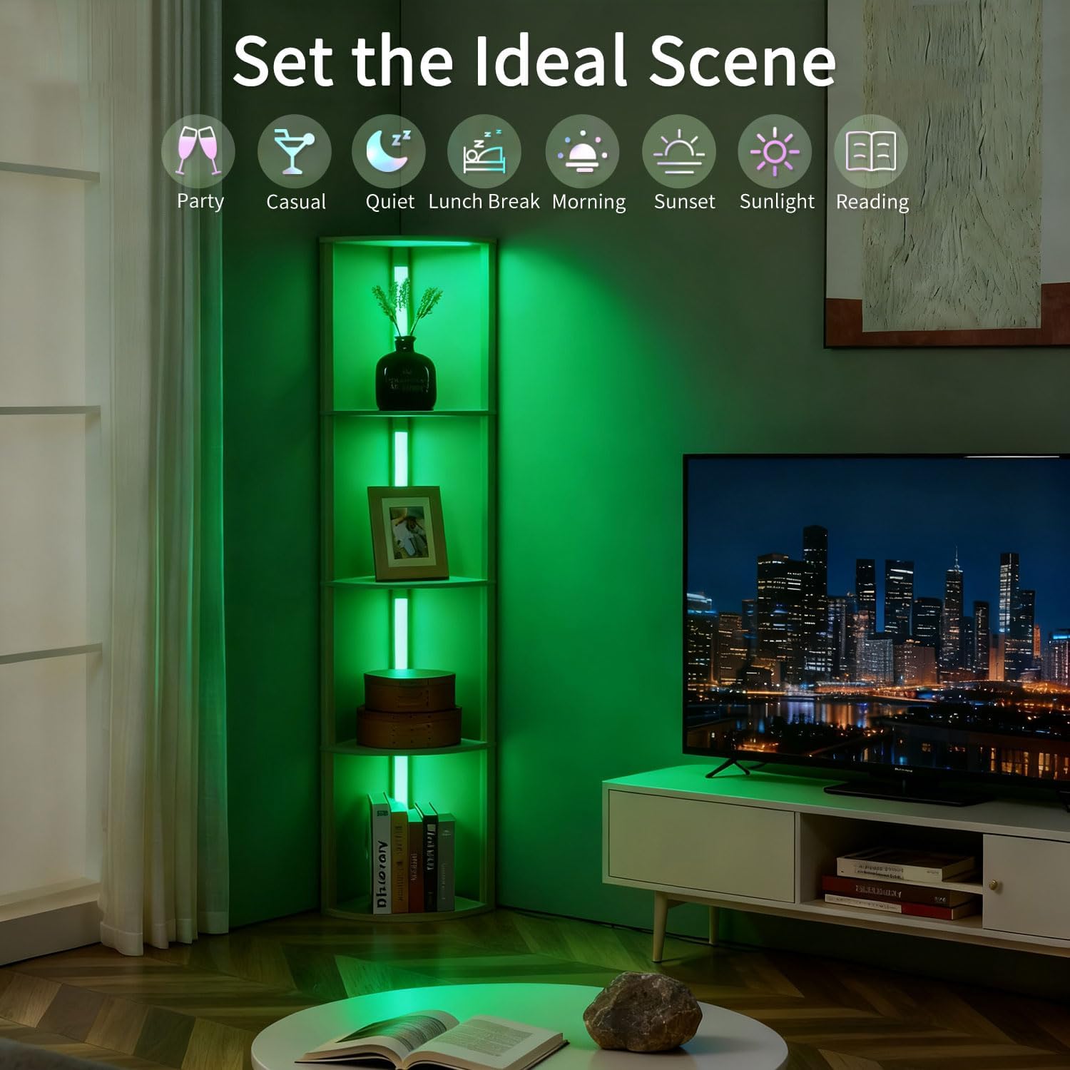 RGBCW Corner Floor Lamp with Shelves, LED Smart Modern Floor Lamp with Music Sync, Color Changing Corner Display Shelf Lamp, Standing Lamp with Shelves for Living Room and Bedroom, Office