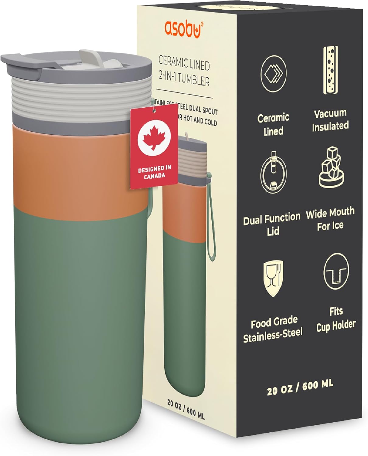 Asobu 20oz Ceramic Lined Insulated Water Bottle for Hot and Cold Drinks with 2-in-1 lid - Durable Travel Bottle with Leak-Proof Lid, Double-Wall Stainless Steel, Keeps Flavors True