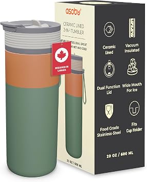 Asobu 20oz Ceramic Lined Insulated Water Bottle for Hot and Cold Drinks with 2-in-1 lid - Durable Travel Bottle with Leak-Proof Lid, Double-Wall Stainless Steel, Keeps Flavors True