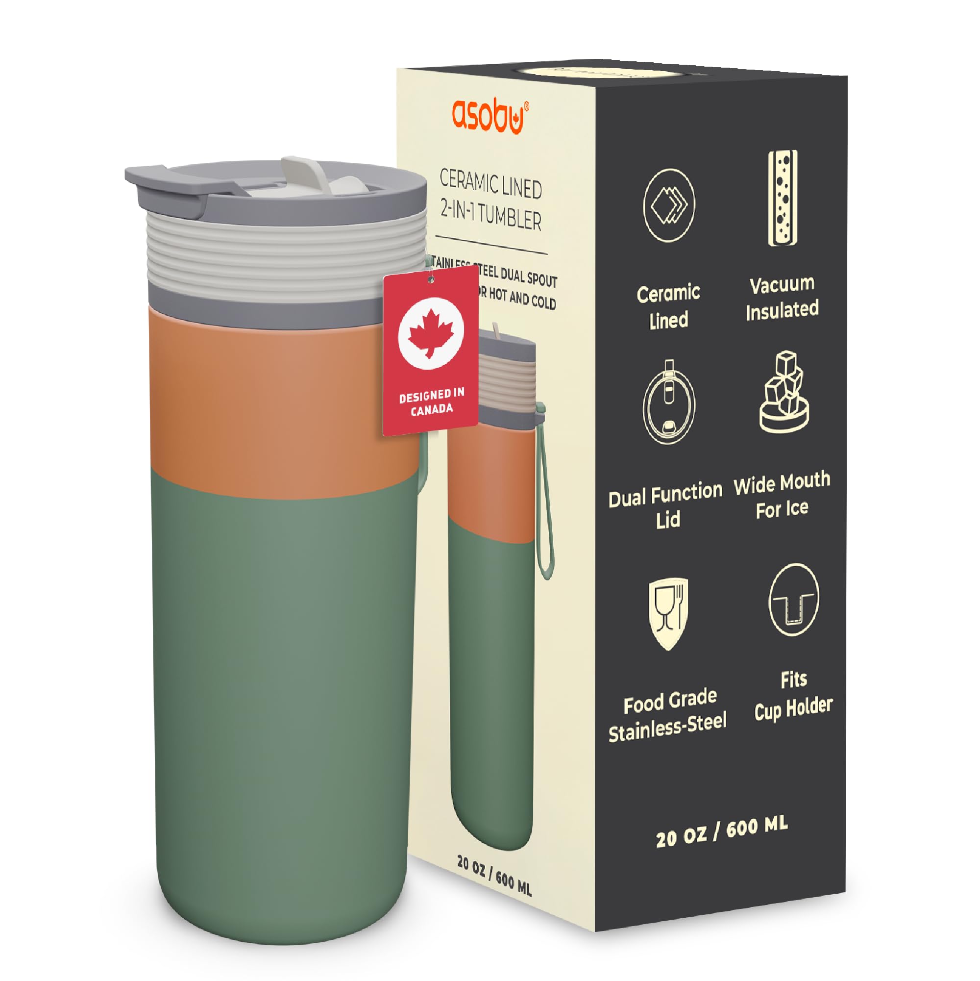 Asobu 20oz Ceramic Lined Insulated Water Bottle for Hot and Cold Drinks with 2-in-1 lid - Durable Travel Bottle with Leak-Proof Lid, Double-Wall