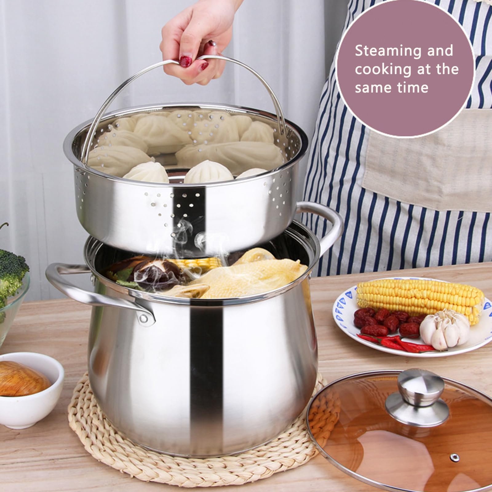 Olla de acero inoxidable con vapor, 24/26/28 cm, olla multiusos para cocinar salsas, pasta, pasta y mariscos (24 cm)