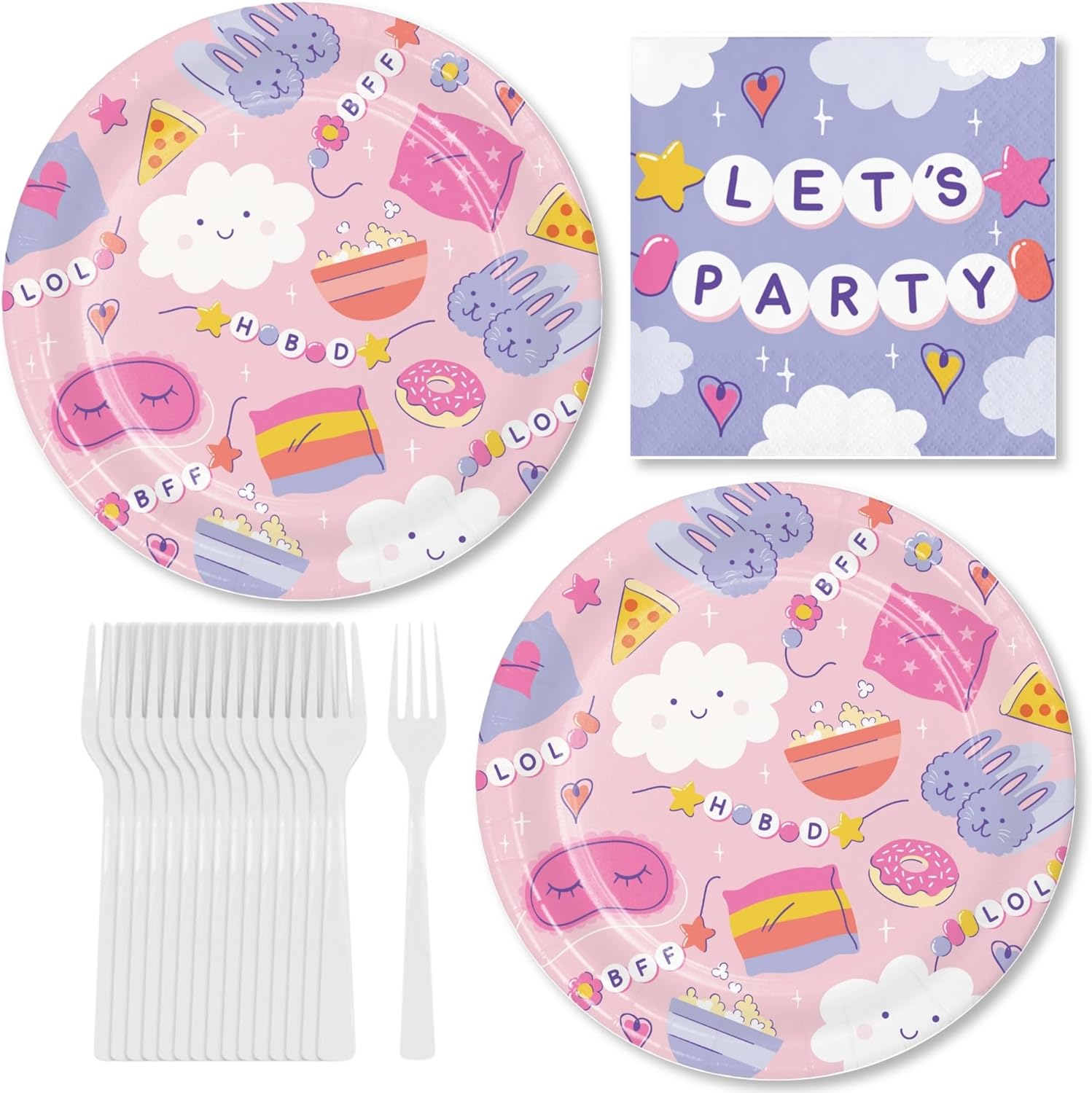 In My Birthday Era Dinner Plates – Friendship Bracelet Party Supplies (Serves 16) – 9" Pink Sleepover Plates, "Let’s Party" Napkins & White Forks – Girls Spa Party or Bestie Bash