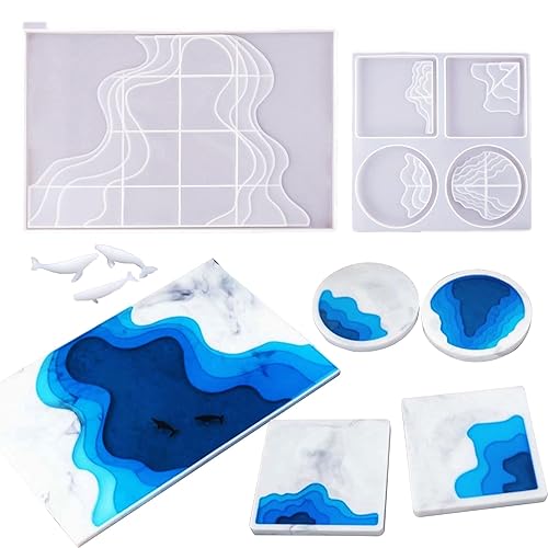 Cayway 5 PCS Silicone Resin Tray Mould Ocean Coaster Resin Mould, 2 PCS Epoxy Casting Mould and 3 PCS Whale Resin Casting Moulds Fillers for DIY Crafts Organizer Tray Plate Table Ornament Home Decor - Style 15