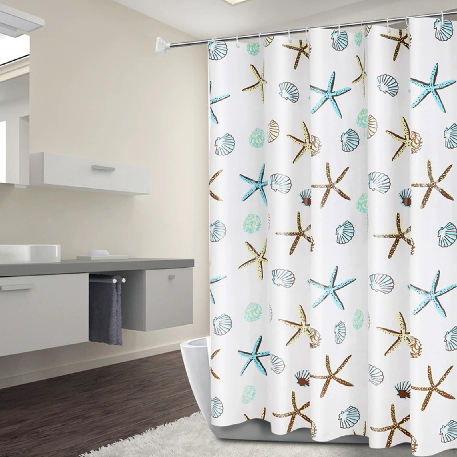 Waterproof Bathroom Curtain, 180 x 200 cm Waterproof Shower Curtain, Starfish Anti-Mould Shower Curtain, Washable Bathroom Curtains with 12 Hooks, Bath Curtain for Bedroom/Family/Apartment