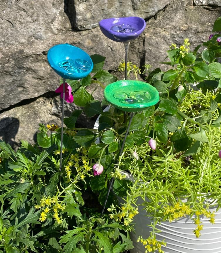 Set of 3 Bee & Butterfly Watering Stations with Garden Stakes – Ceramic Insect Drinking Cups with Glass Beads, Pollinator Garden Decor, Outdoor Flower Garden Sculpture