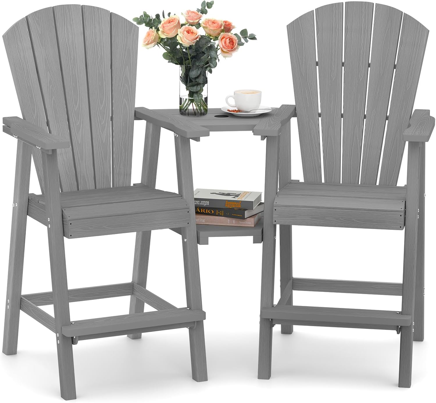 Ciokea Tall Adirondack Chairs Set of 2 HDPE Weatherproof Bar Stools w/ Double Trays & Umbrella Hole - Grey Outdoor Patio Deck Chairs