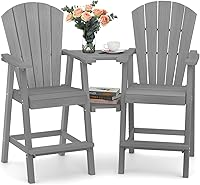 Ciokea Tall Adirondack Chairs Set of 2 HDPE Weatherproof Bar Stools w/ Double Trays & Umbrella Hole - Grey Outdoor Patio Deck Chairs