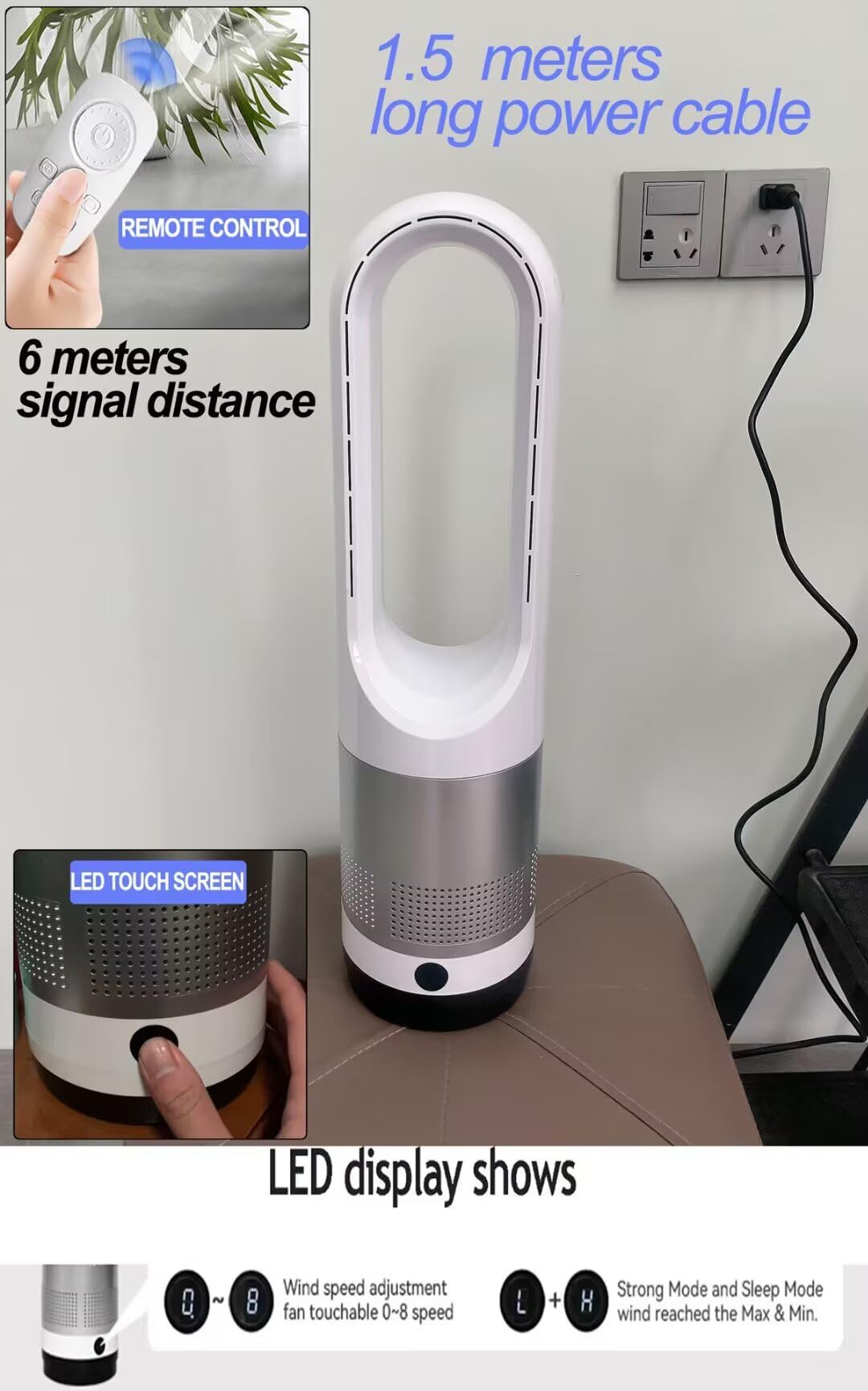 Genérico Ventilador de refrigeración 18 pulgadas para hogar,ventilador de mesa,viento 8 velocidades,temporizador 8 horas,ventilador de torre oscilante 80°,silencioso