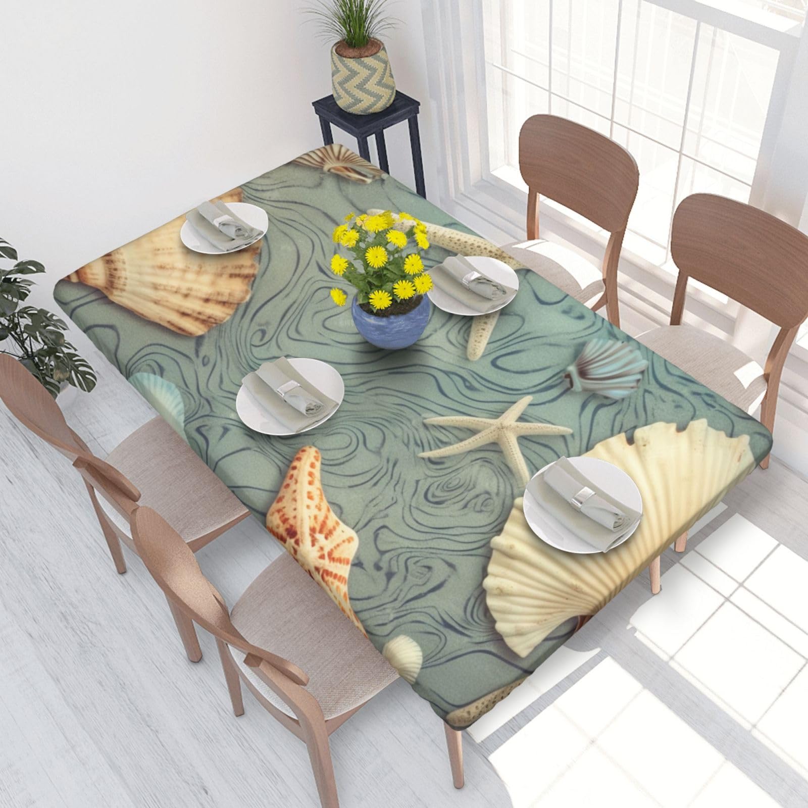 DCARSETCV Seashell Pattern Printed 4FT Waterproof Tablecloth with Elastic Edged Protect & Decor Your Table, Oil-proof Washable Table Cloth Cover for Dinner Picnic Party